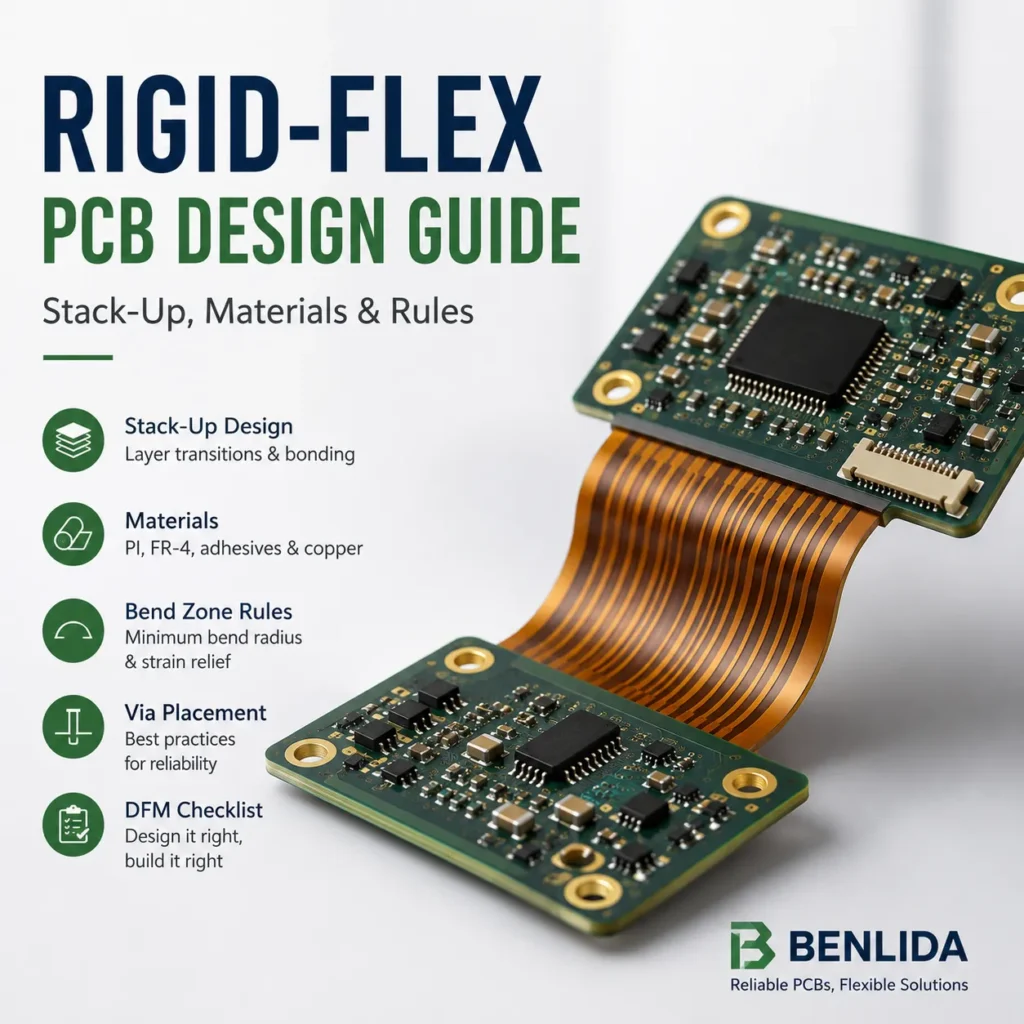 Rigid-flex PCB design guide cover showing rigid boards connected by a flexible circuit
