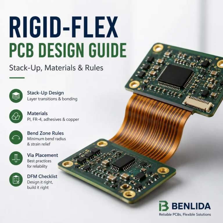 Rigid-flex PCB design guide cover showing rigid boards connected by a flexible circuit