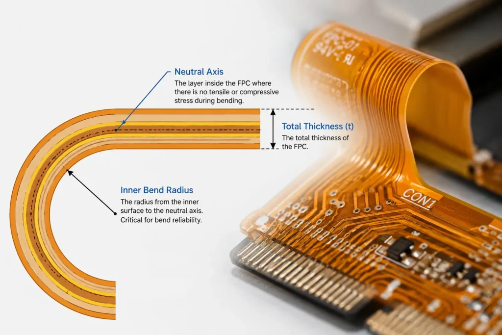 FPC bend radius diagram showing inner radius total thickness and neutral axis 1.webp