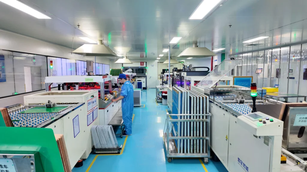 Operator monitoring automated PCB production equipment