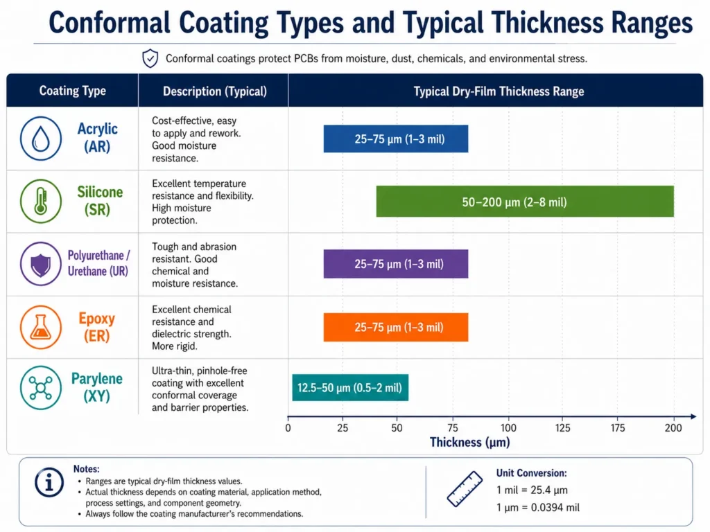 conformal coating types comparison chart acrylic silicone polyurethane thickness standards