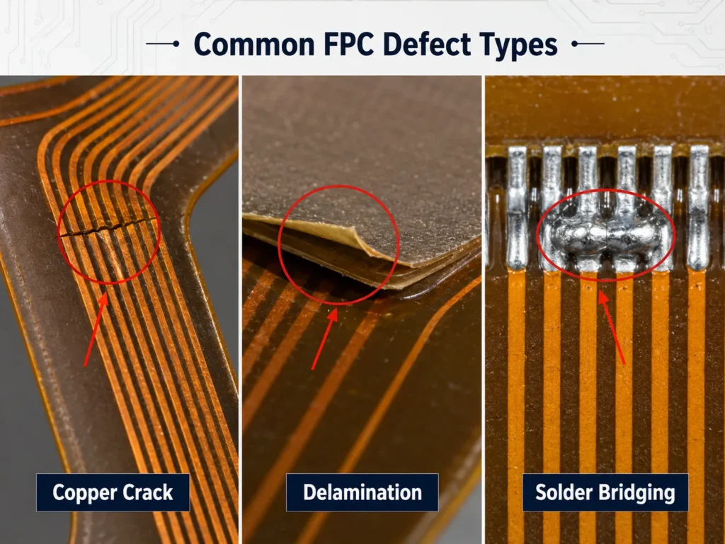 common fpc defect types copper crack delamination solder bridging diagram