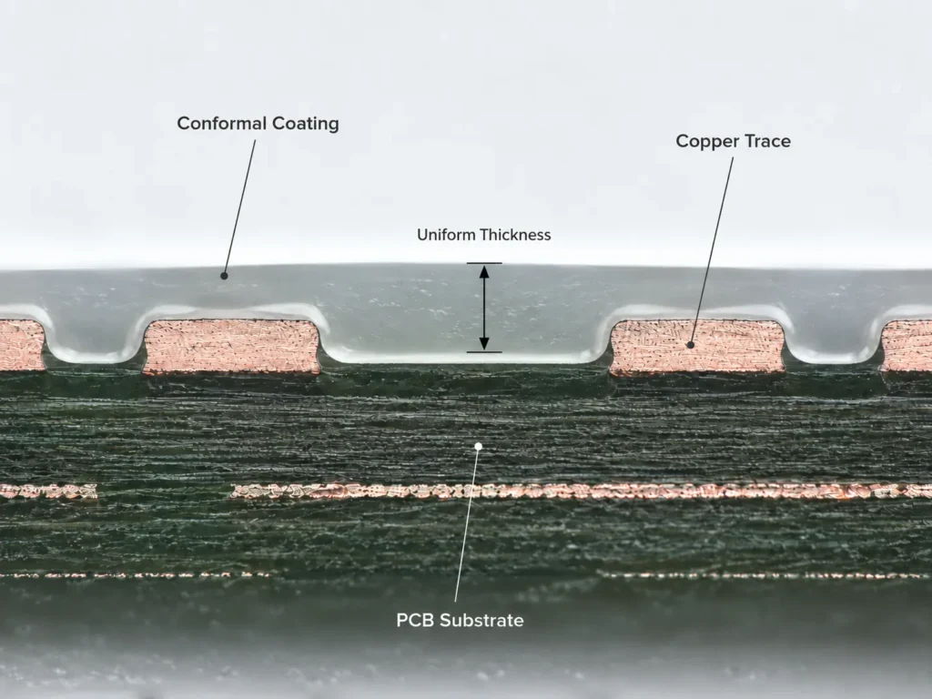 pcb conformal coating thickness cross section showing uniform coverage on pcb traces