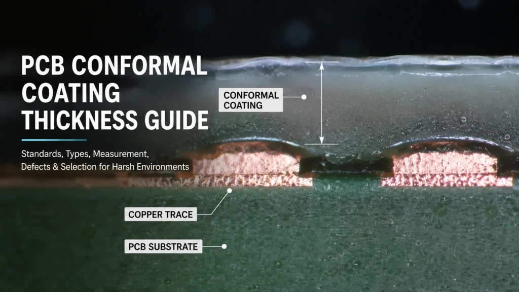 PCB conformal coating thickness cross section showing coating layer, copper traces, and PCB substrate