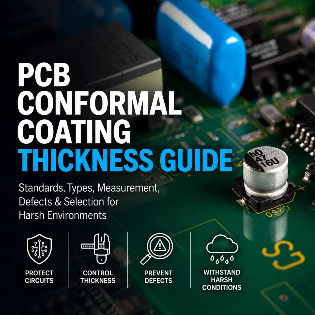 PCB conformal coating thickness guide cover with a macro view of a circuit board
