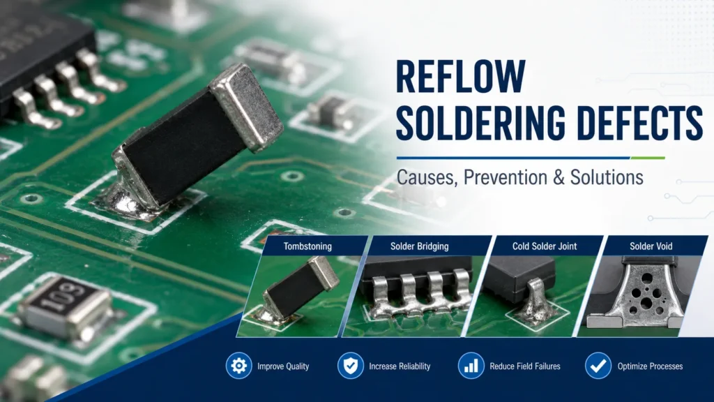 Reflow soldering defects including tombstoning, solder bridging, cold solder joints, and solder voids