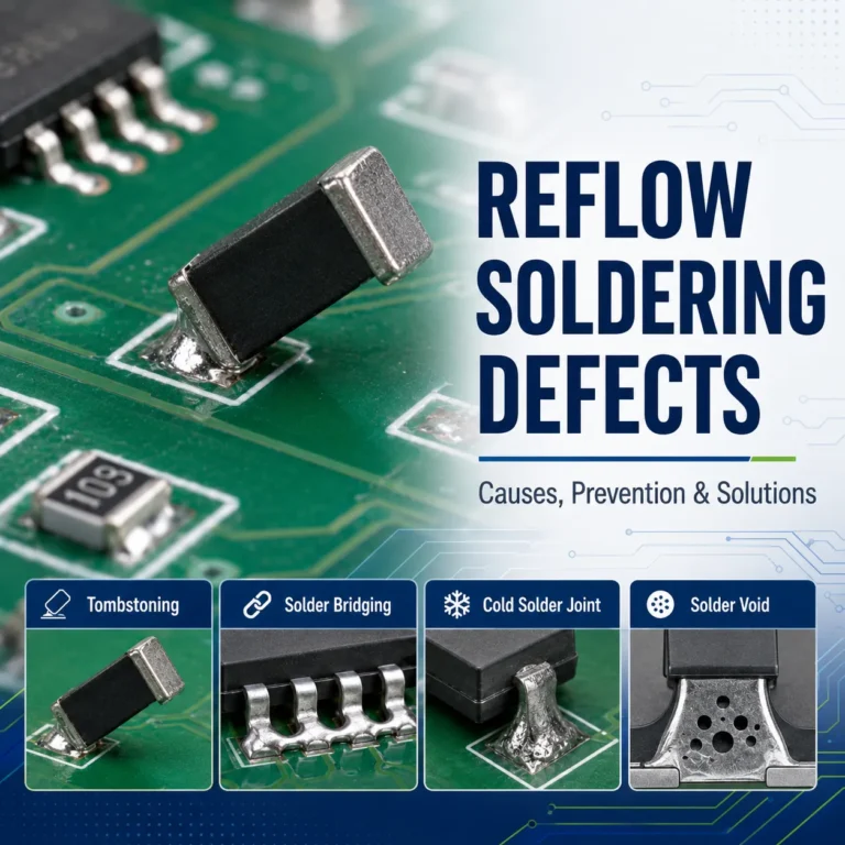 reflow-soldering-defects-guide Reflow soldering defects guide showing tombstoning, solder bridging, cold solder joints, and solder voids in SMT assembly