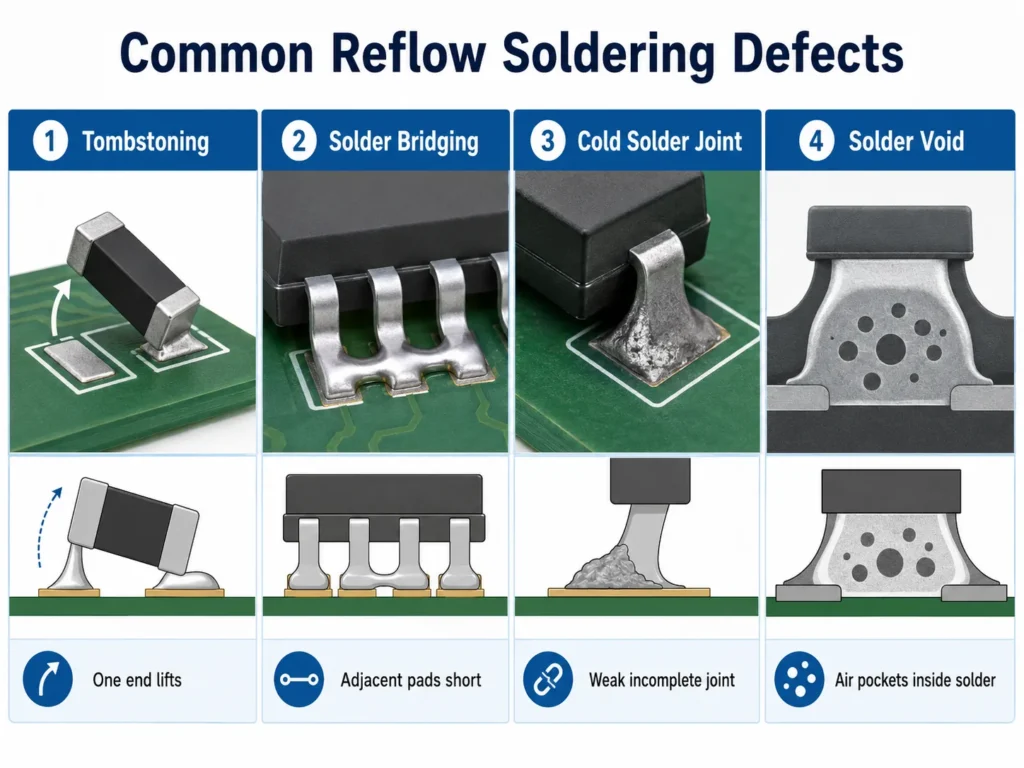 reflow soldering defects comparison chart tombstoning bridging cold joint void