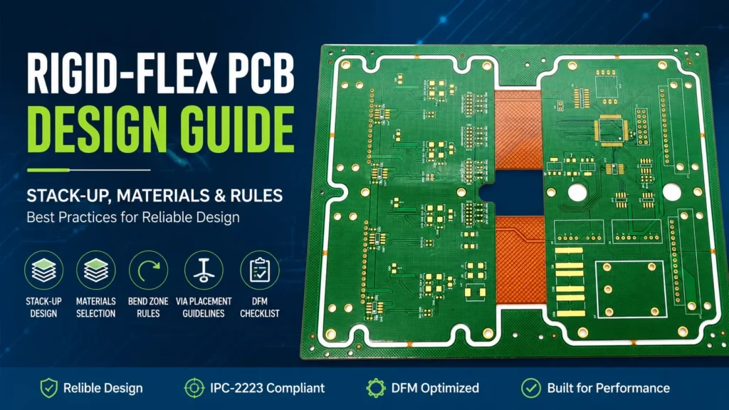 Rigid-flex PCB panel showing rigid board sections connected by flexible circuits