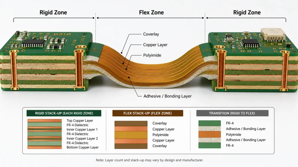 rigid flex pcb cross section diagram showing rigid zone flex zone stack-up layers