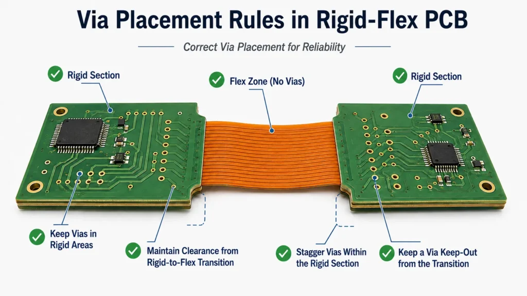 Correct via placement in rigid-flex PCB with vias kept in rigid sections and away from the flex bend zone