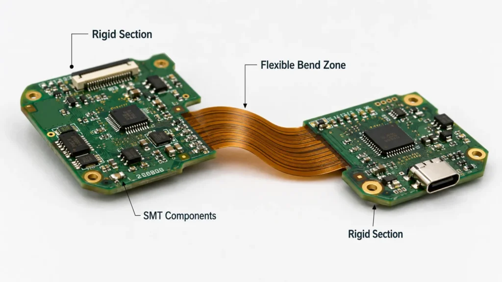 rigid-flex pcb with smt components on rigid section flexible bend zone