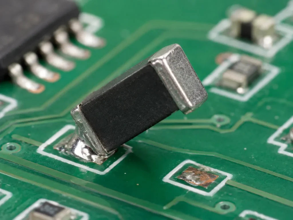 tombstoning pcb defect showing component standing on one end after reflow