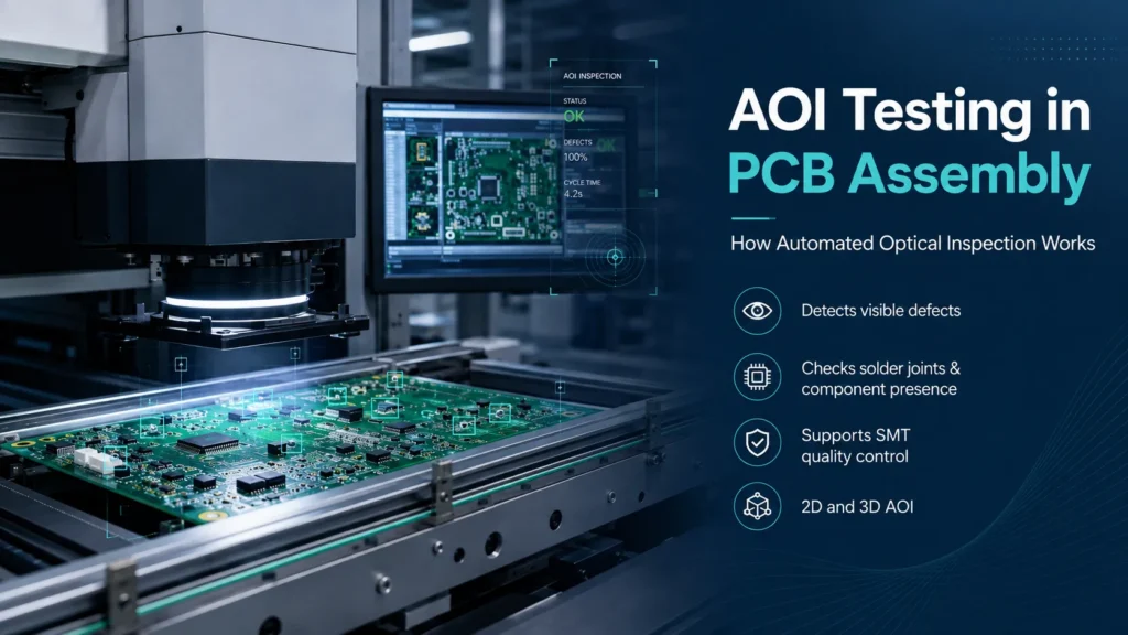 AOI testing system scanning a populated PCB assembly for visible defects