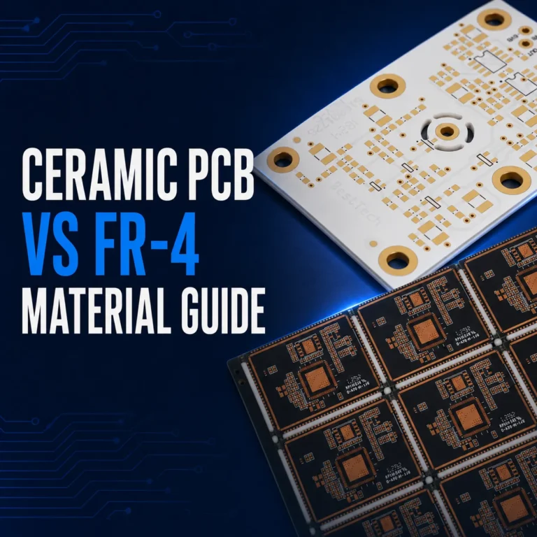 ceramic PCB vs FR-4 material guide showing white ceramic PCB and black FR-4 circuit board panel