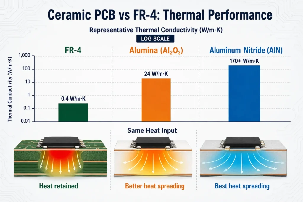ceramic pcb vs fr4 thermal conductivity comparison chart showing temperature performance