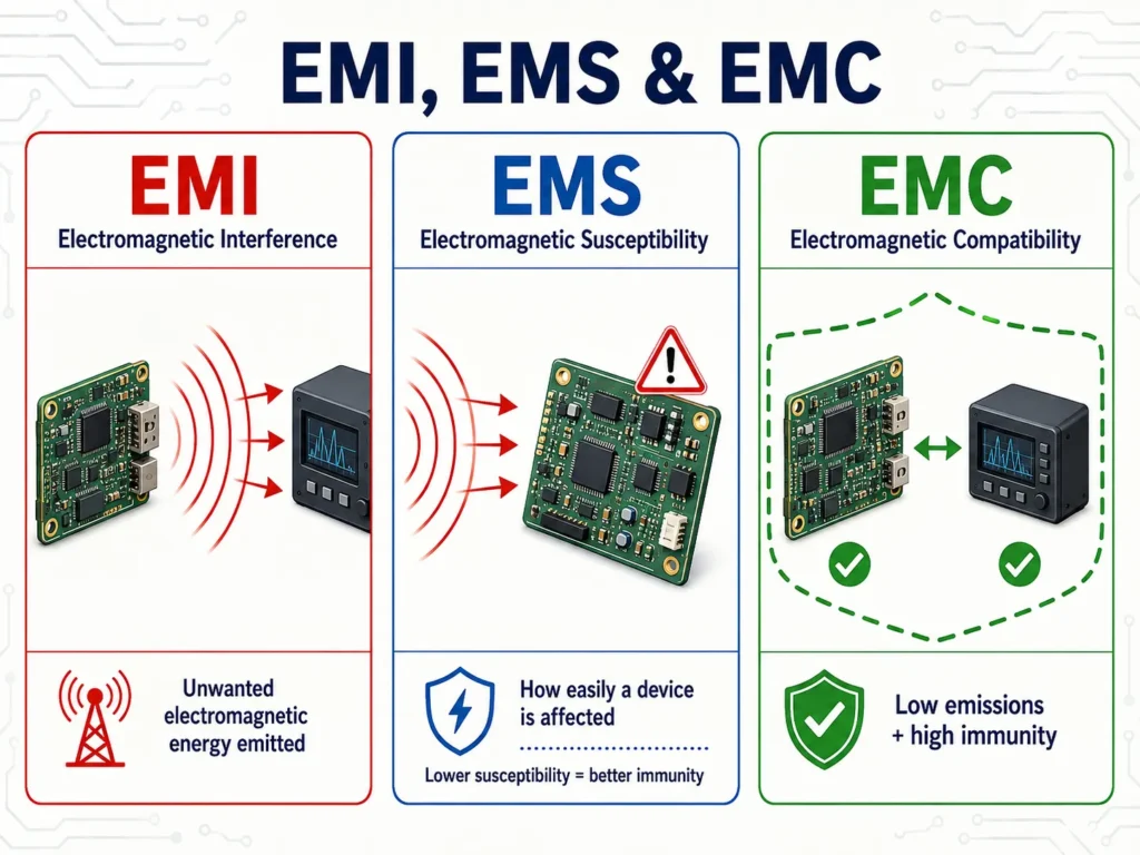 emi ems emc difference diagram showing electromagnetic interference susceptibility compatibility
