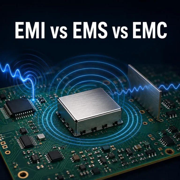 EMI vs EMS vs EMC difference illustrated with a PCB, electromagnetic waves, and metal shielding
