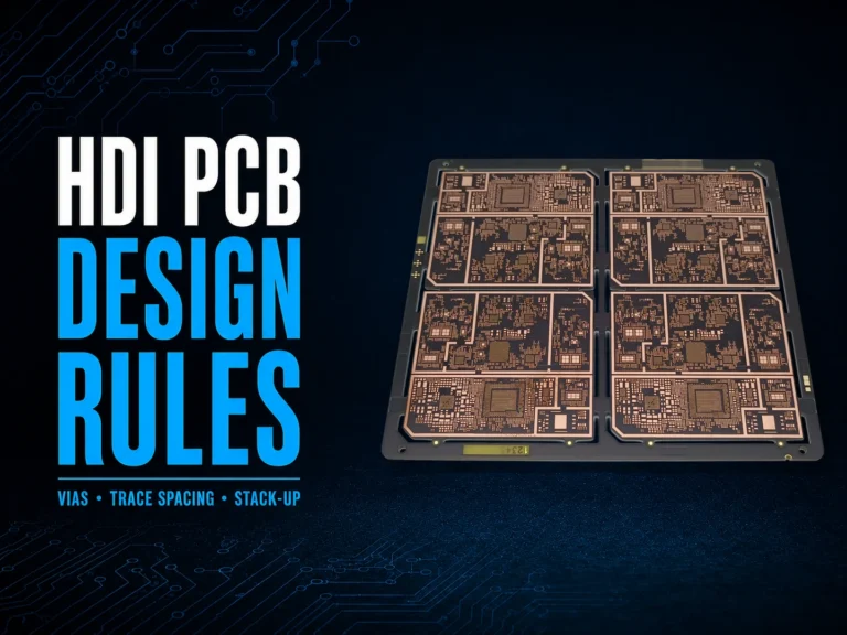 HDI PCB design rules cover featuring a bare PCB panel with fine-pitch pads and dense routing