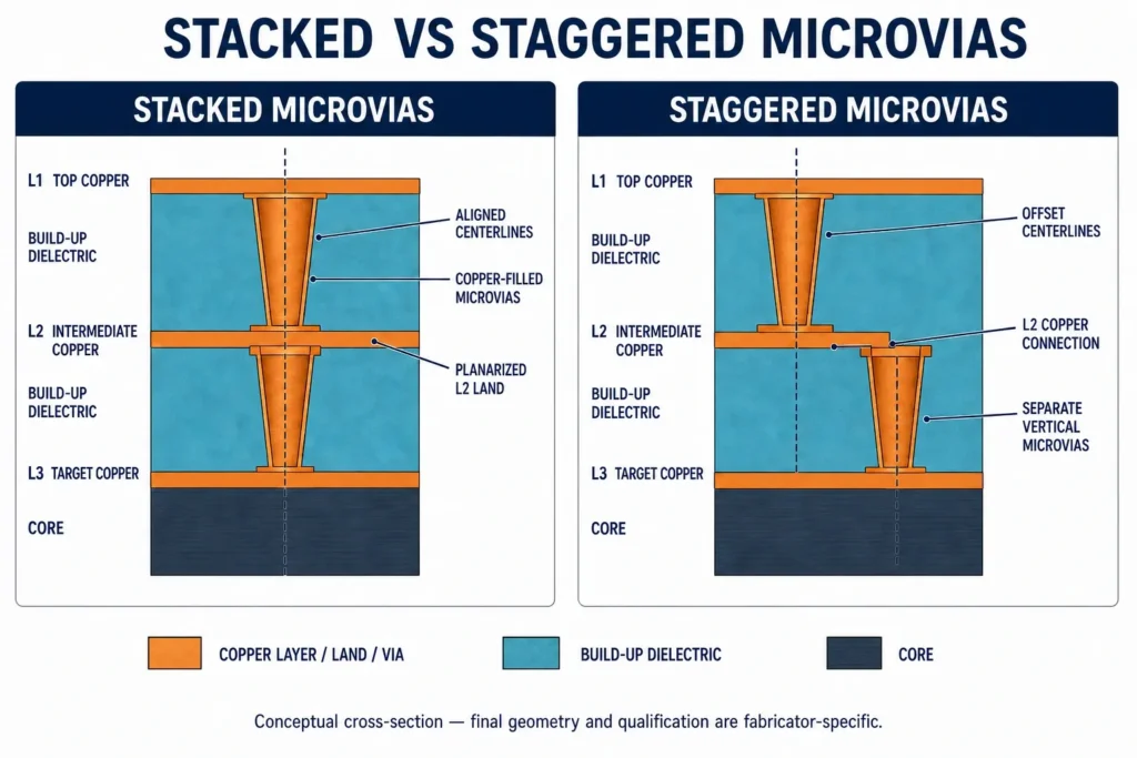 hdi pcb microvia stacked staggered via cross section diagram