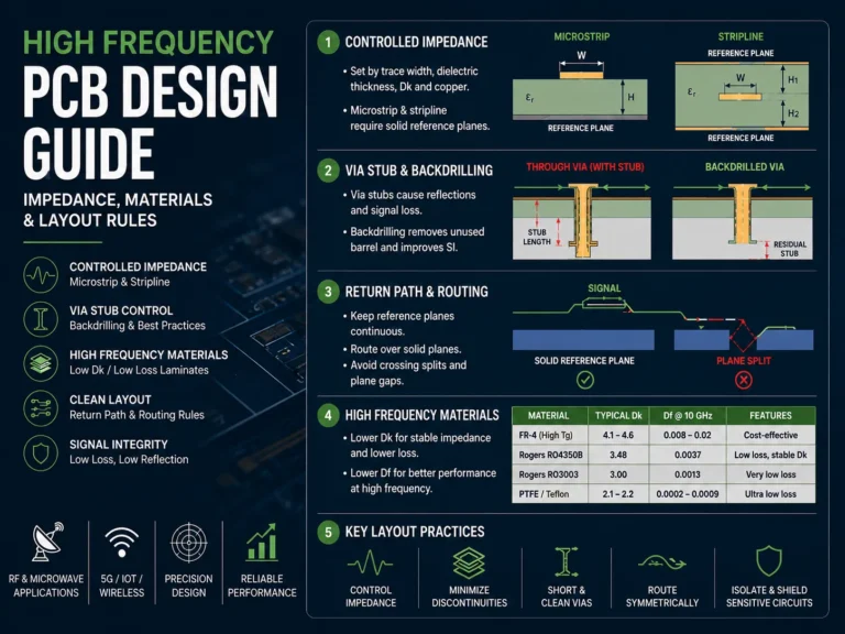 high frequency PCB design guide infographic showing controlled impedance, via backdrilling, return paths, materials, and layout rules