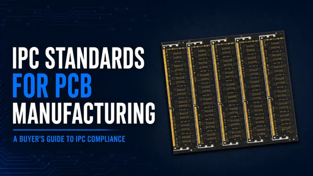 Black bare PCB panel illustrating IPC standards for PCB manufacturing and buyer compliance requirements