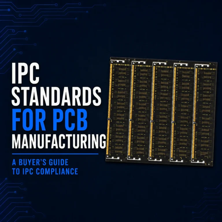 Black bare PCB panel illustrating IPC standards for PCB manufacturing and buyer compliance requirements