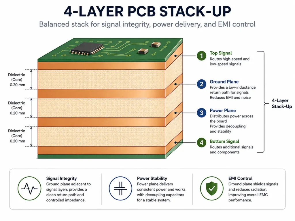 pcb stack up diagram showing 4 layer configuration with signal ground power layers