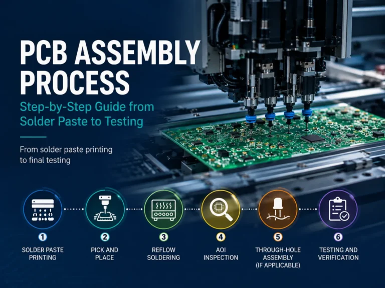 PCB assembly process from solder paste printing and SMT placement to final testing