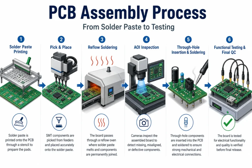 pcb assembly process steps solder paste pick place reflow diagram