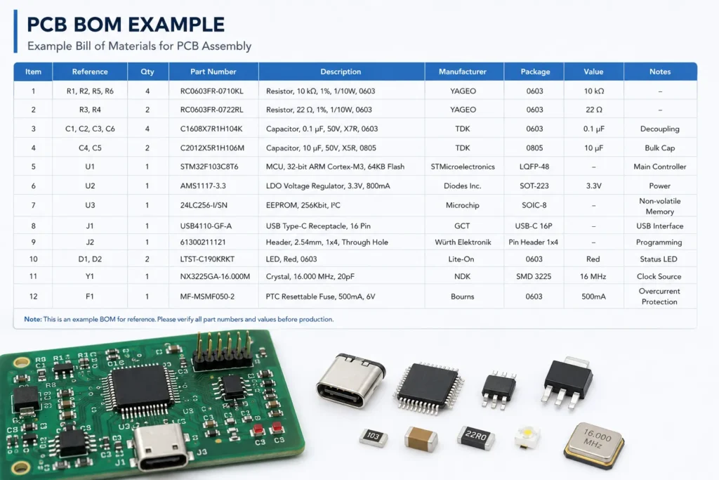 pcb bom bill of materials example spreadsheet format