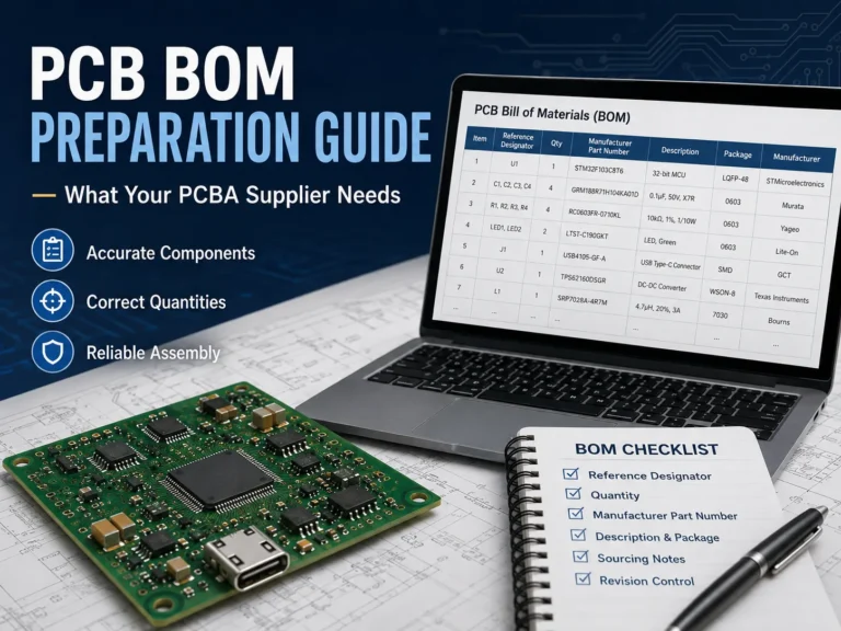PCB BOM preparation guide showing a bill of materials spreadsheet, assembled PCB, and BOM checklist