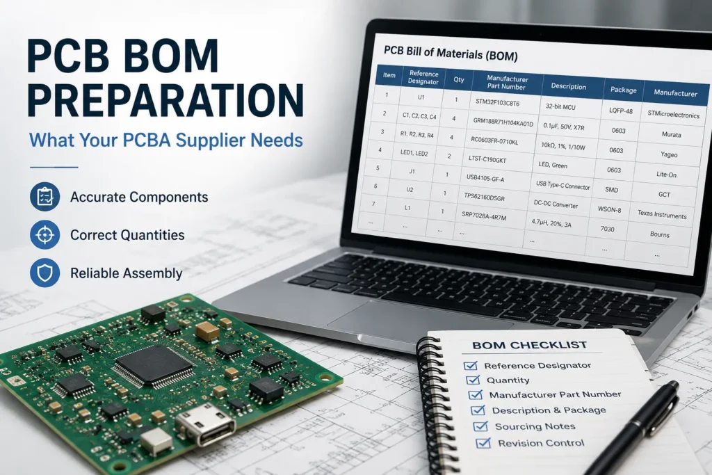 PCB BOM preparation guide showing a bill of materials spreadsheet, assembled PCB, and component checklist