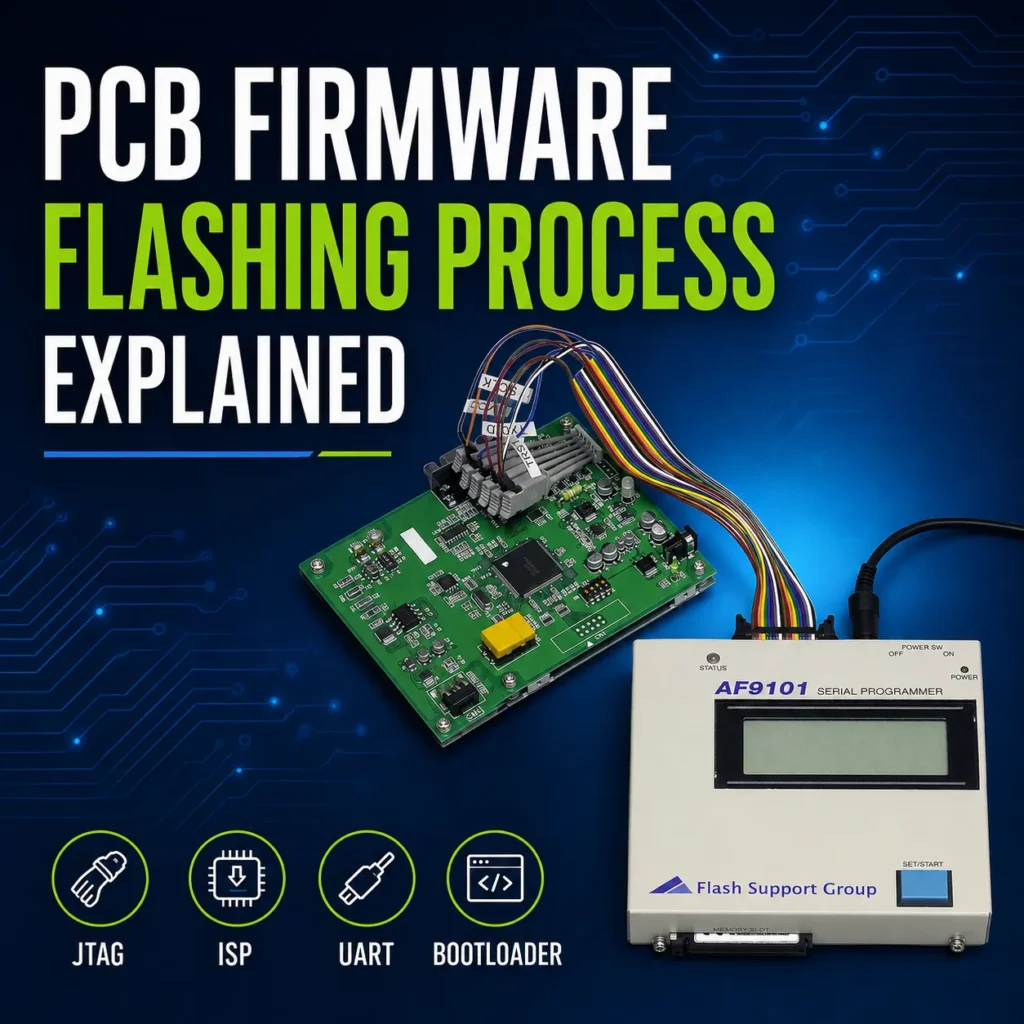 PCB firmware flashing process with an AF9101 programmer connected to an embedded PCB