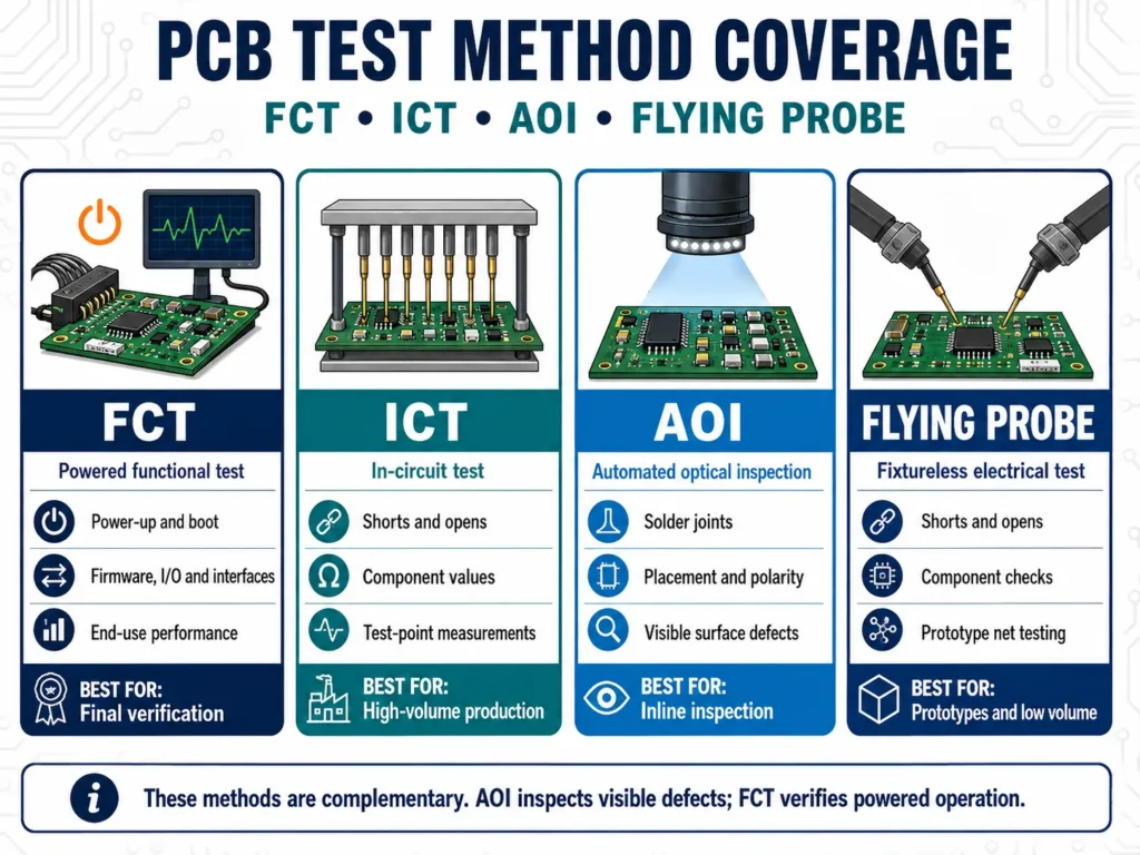 pcb functional testing comparison chart showing fct ict aoi flying probe coverage