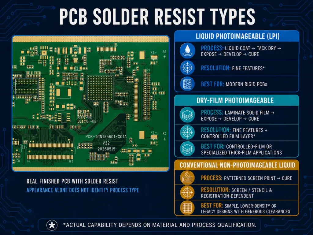 PCB solder resist types comparison chart showing LPI, dry-film photoimageable, and conventional non-photoimageable liquid processes.