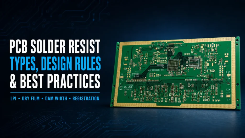 Green bare PCB showing PCB solder resist, exposed pads, and fine-pitch openings
