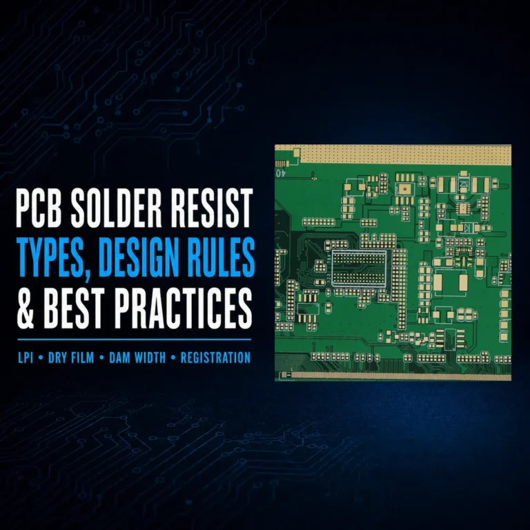 Green bare PCB showing solder resist openings, exposed gold pads, and fine-pitch land patterns
