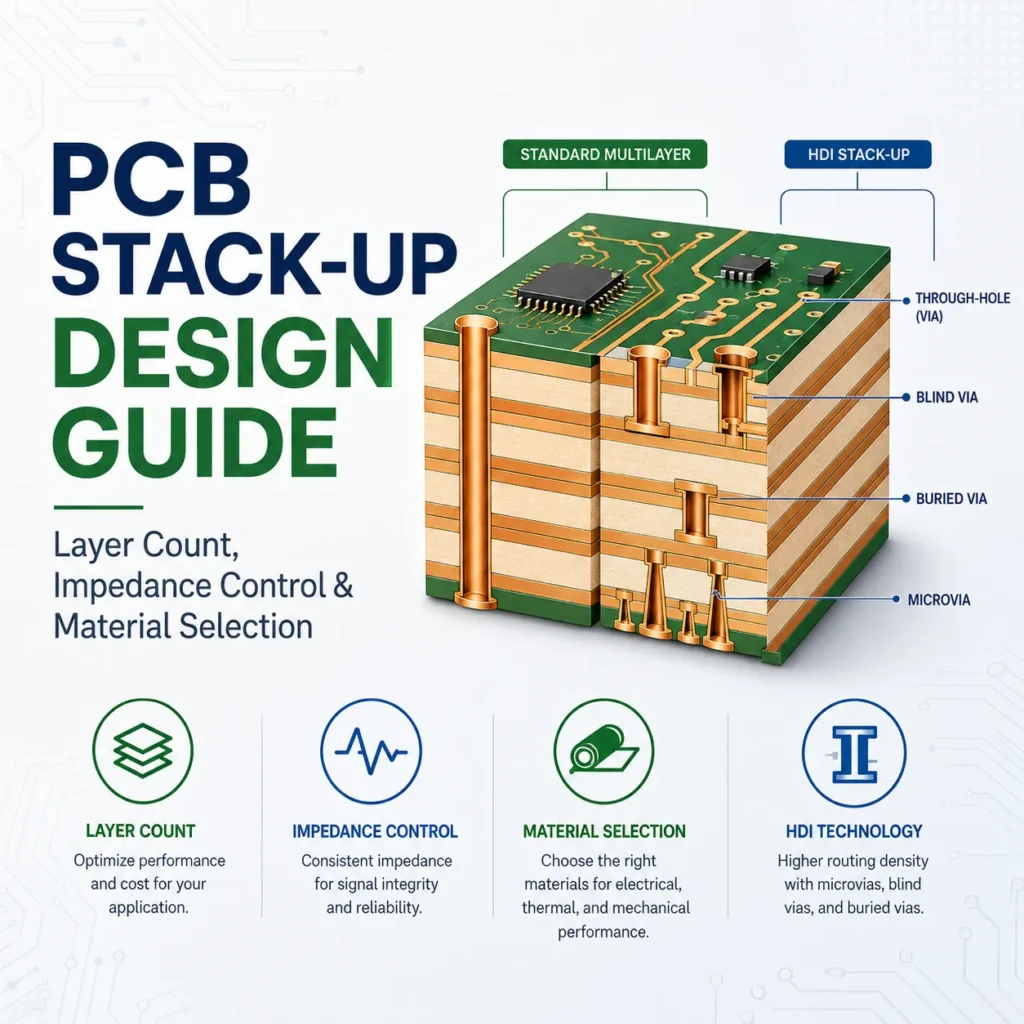 pcb stack-up design guide showing multilayer pcb structure, impedance control, material selection, and hdi technology
