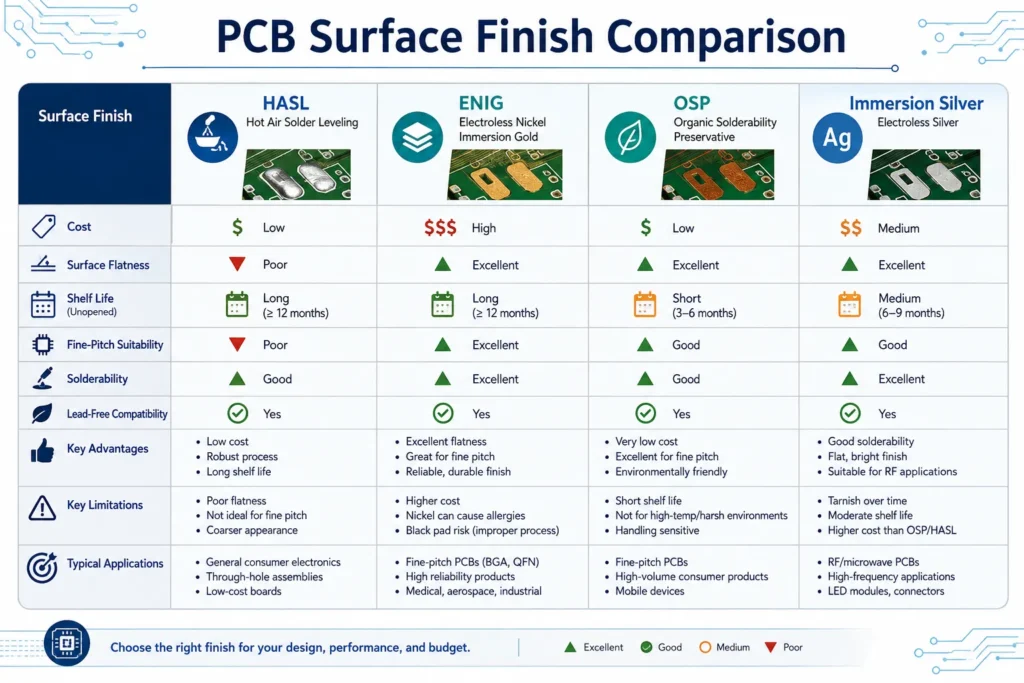 pcb surface finish comparison hasl enig osp immersion silver chart