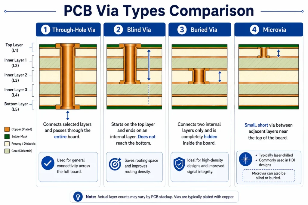 pcb via types diagram through hole blind buried microvia comparison