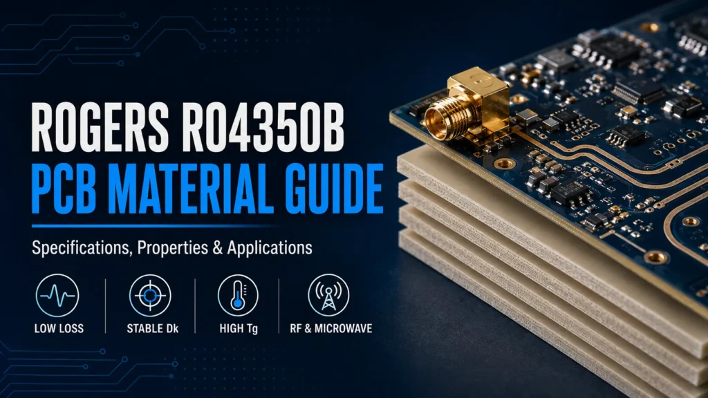 Rogers RO4350B PCB material guide with high-frequency RF circuit board and laminate sheets