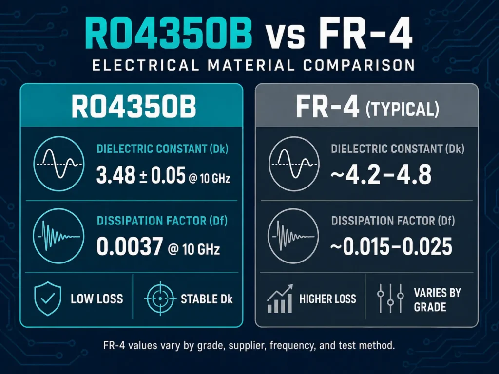 rogers ro4350b vs fr4 comparison chart dielectric constant dissipation factor