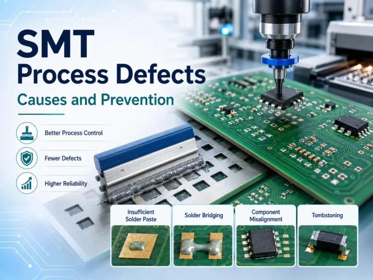 smt-process-defects-causes-prevention-cover SMT process defects including solder bridging, component misalignment, and tombstoning