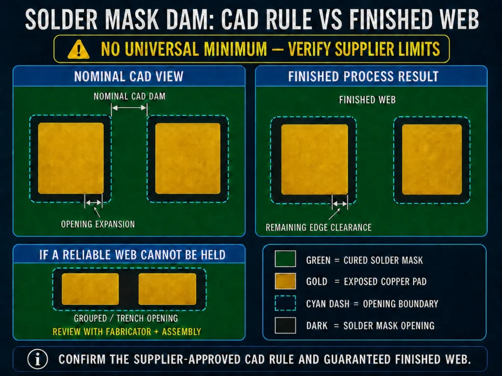 solder mask dam width minimum spacing pcb design rule diagram