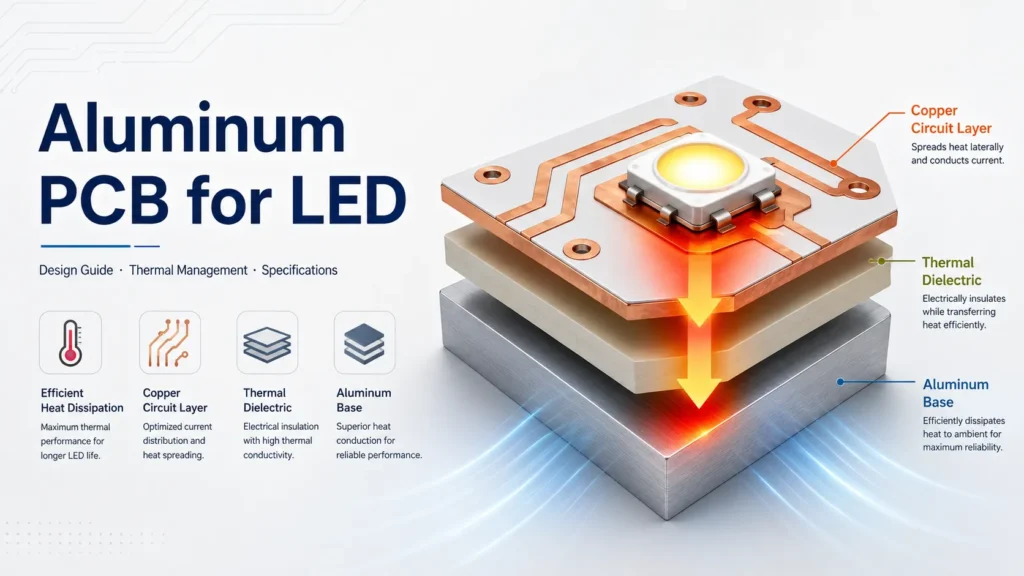 aluminum pcb for led showing copper circuit layer thermal dielectric aluminum base and heat flow