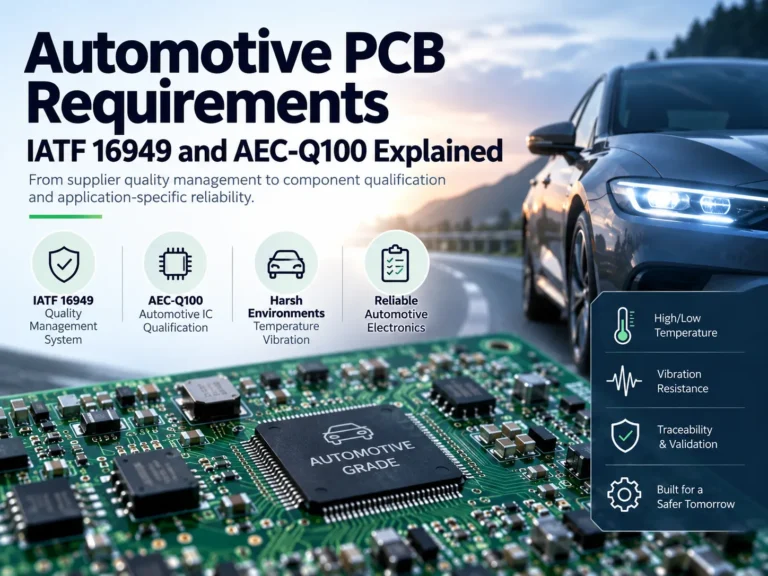 Automotive PCB assembly and car highlighting IATF 16949 quality management and AEC-Q100 IC qualification