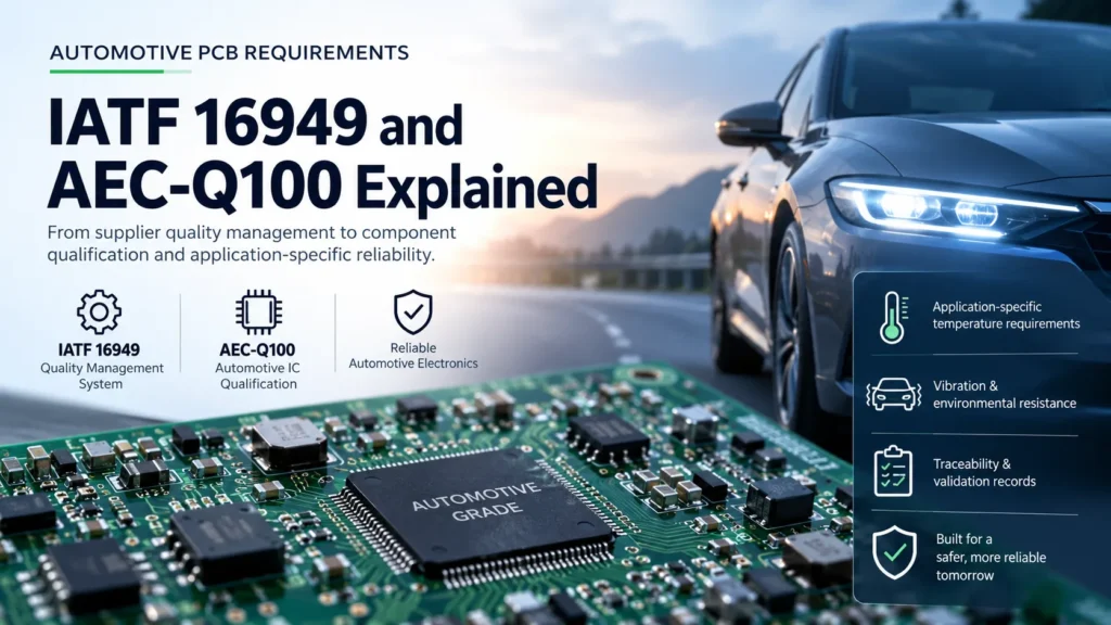 Automotive PCB assembly and car illustrating IATF 16949 quality management and AEC-Q100 IC qualification