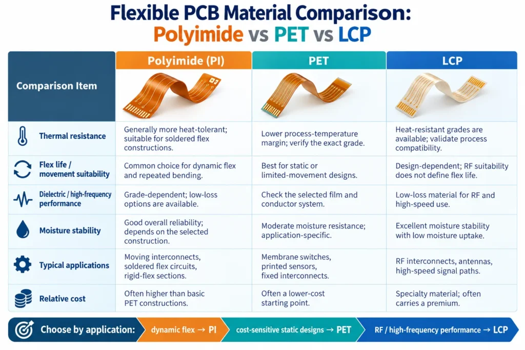 polyimide pet lcp flexible pcb material comparison chart