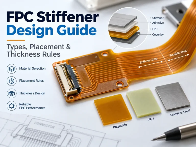 fpc-stiffener-design-guide-cover FPC stiffener design with a reinforced connector area and polyimide, FR-4, and stainless steel material samples
